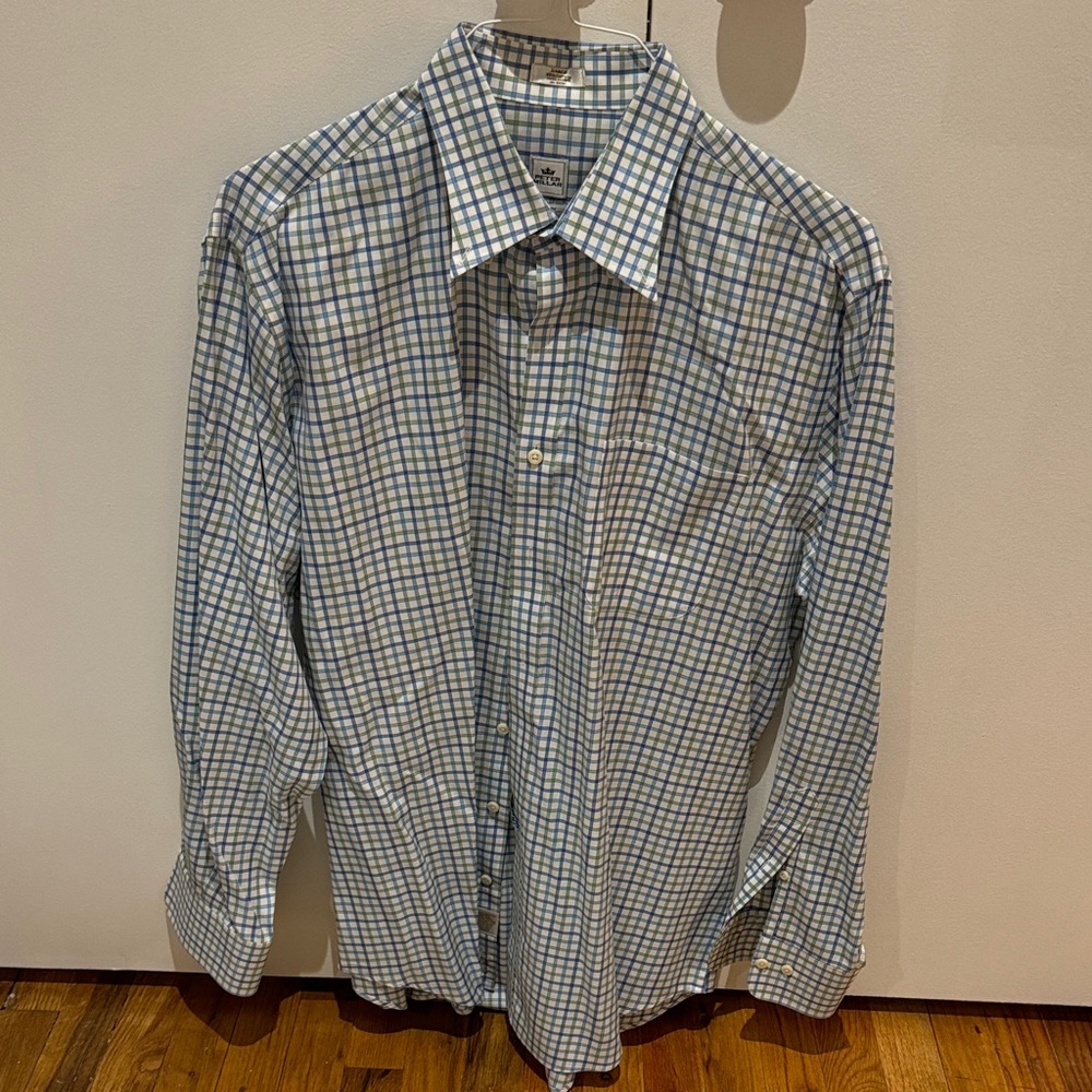 Peter Millar Men's Blue and White Plaid Shirt